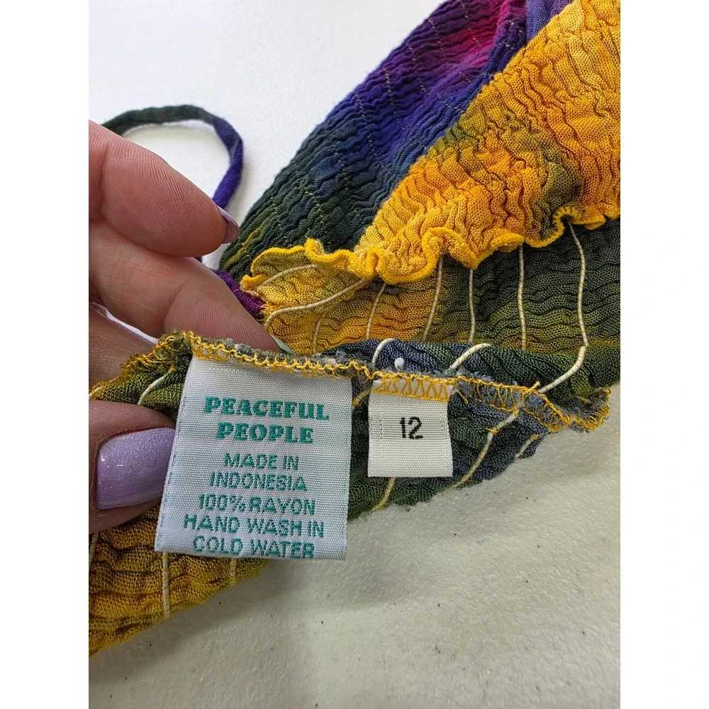 Peaceful People Tie Dye Smocked Handkerchief Hem Dress Rayon Rainbow Womens 12 - Picture 3 of 3
